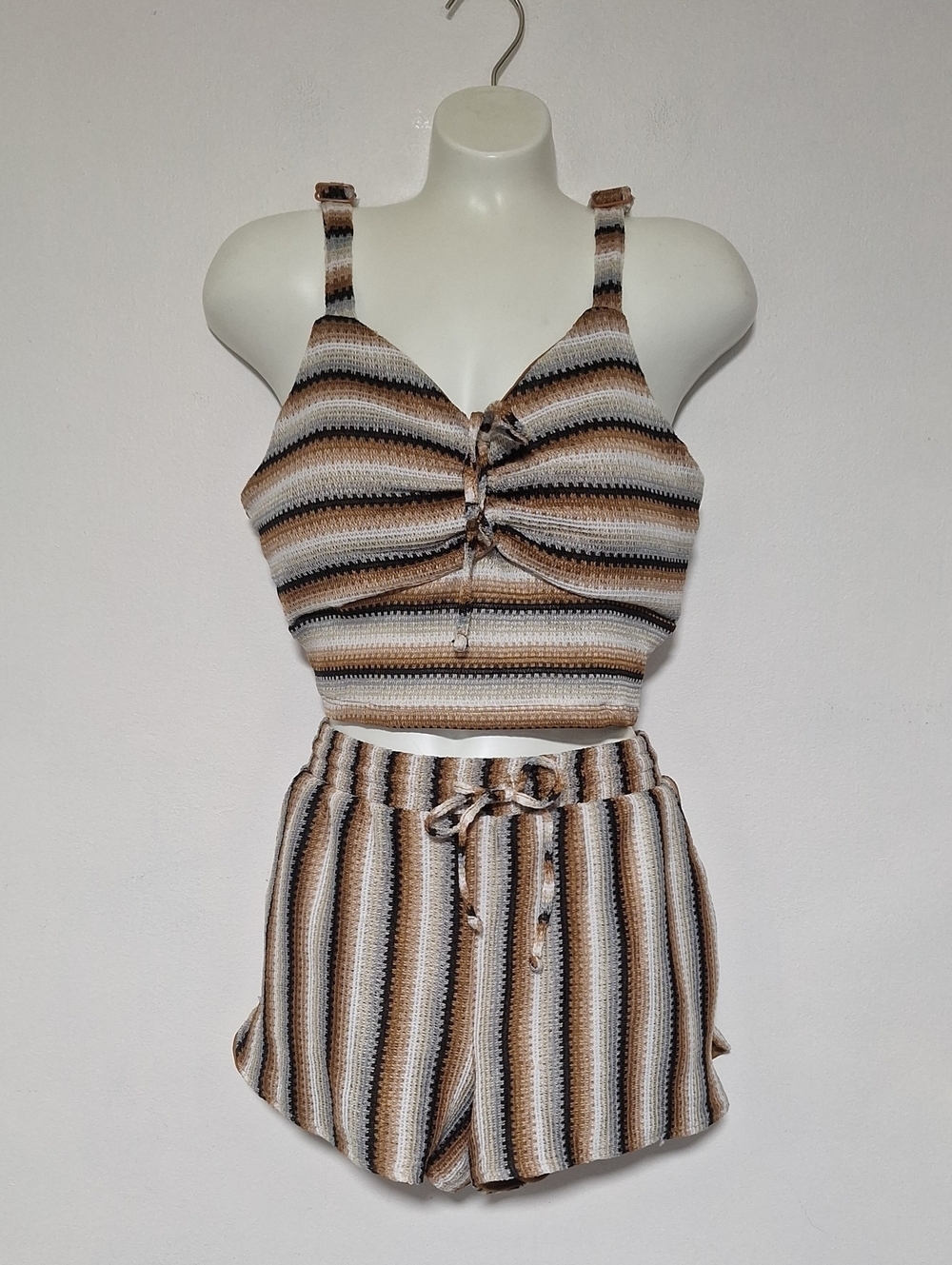 No Boundaries Striped High Waist Knit Shorts And Tank Top Set Tan Black Cream